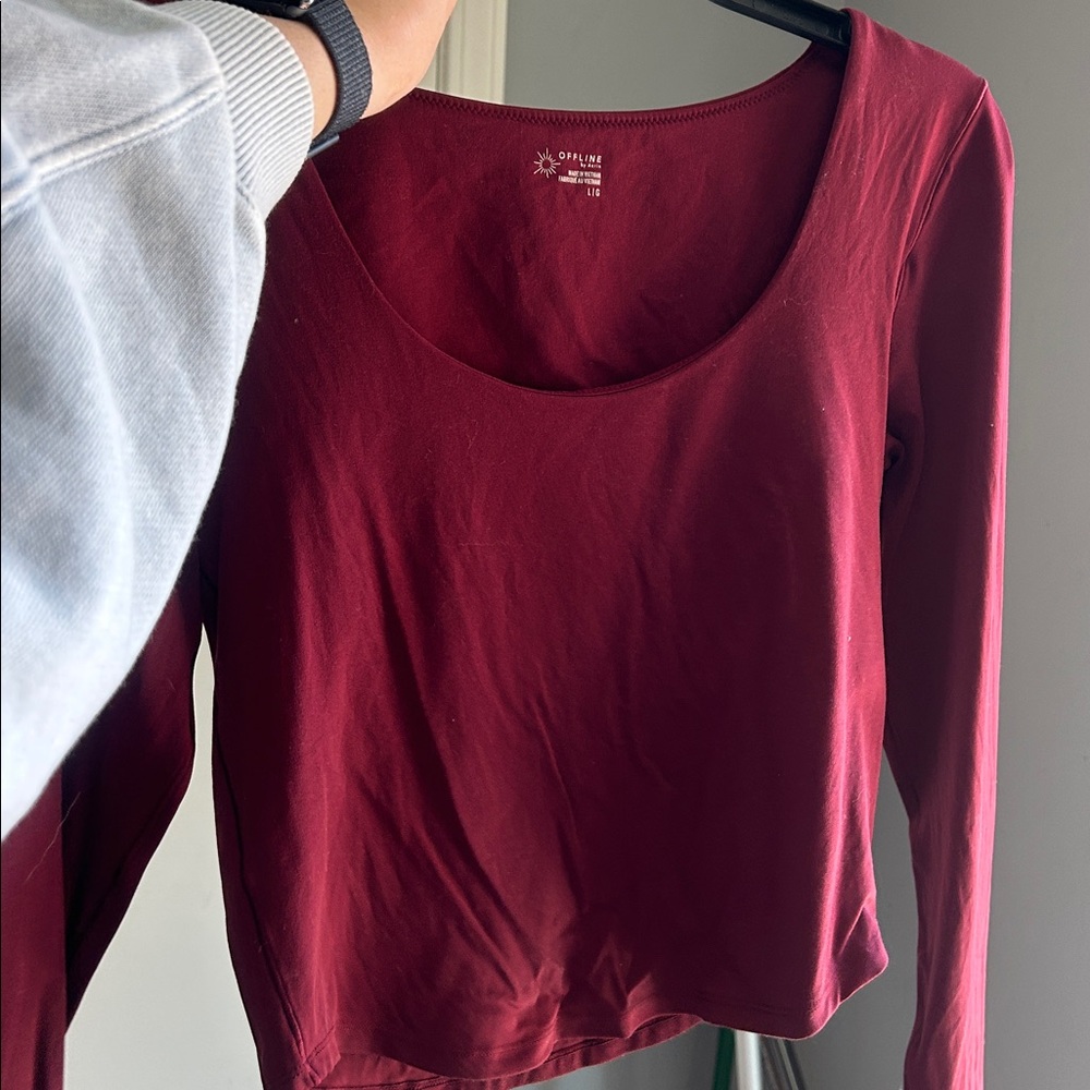 Aerie Burgundy Foldover Super Wide-Leg Pants/Real Me Longsleeve Scoop Top - Picture 3 of 5